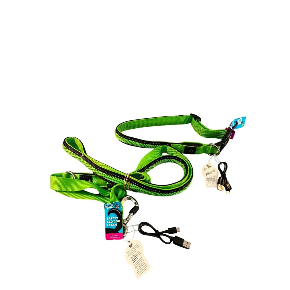 Play‎ On LED Dog Leash and Collar Set M/L Green New USB Rechargeable Safety